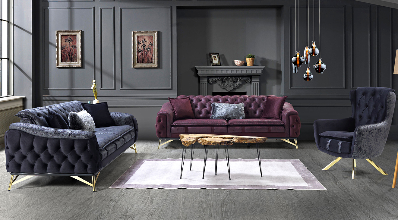 Olimpos Gold Metal Leg Sofa Set 2