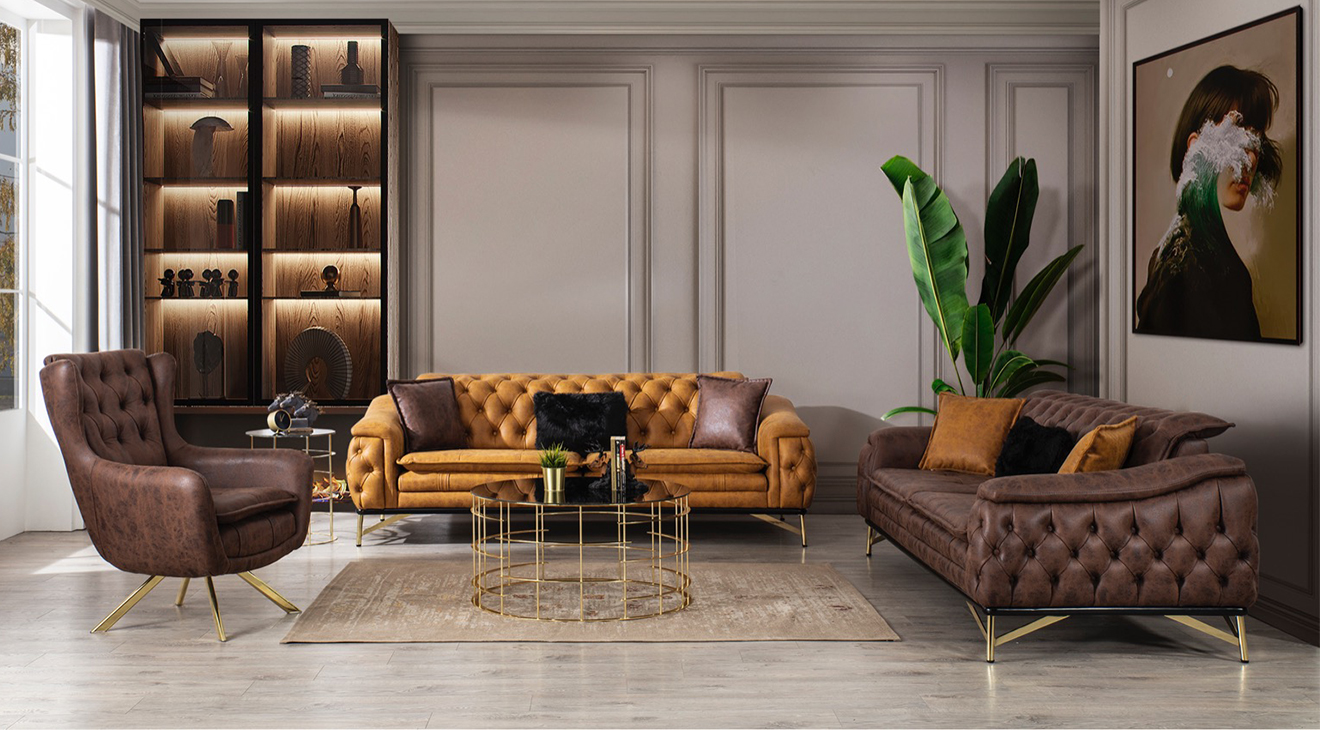 Olimpos Gold Metal Leg Sofa Set