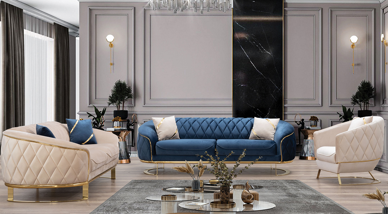 Oscar Gold Metal Leg Sofa Set