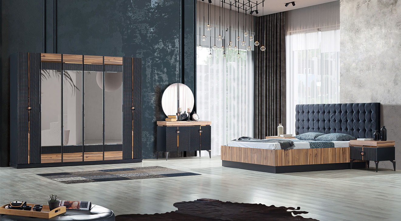 Pandora 6 Door Bedroom Set (Black-Walnut)