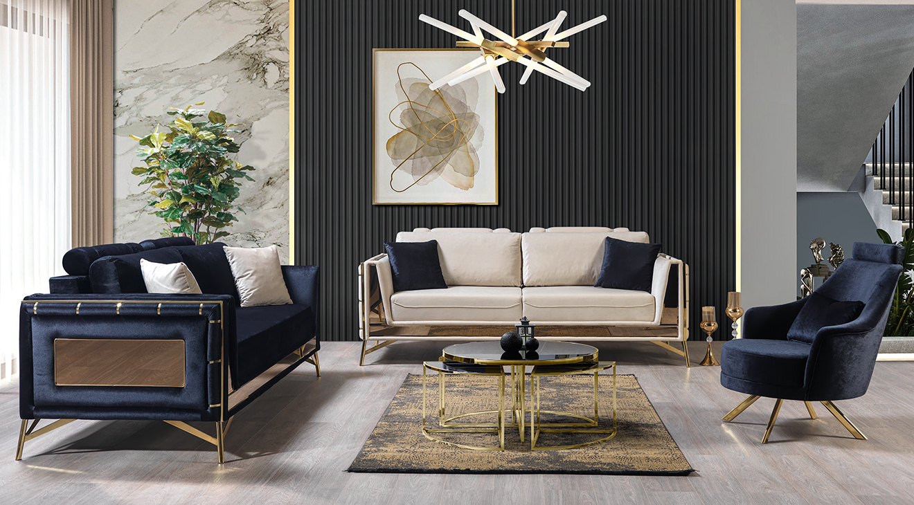 Perla Mirrored Metal Leg Sofa Set