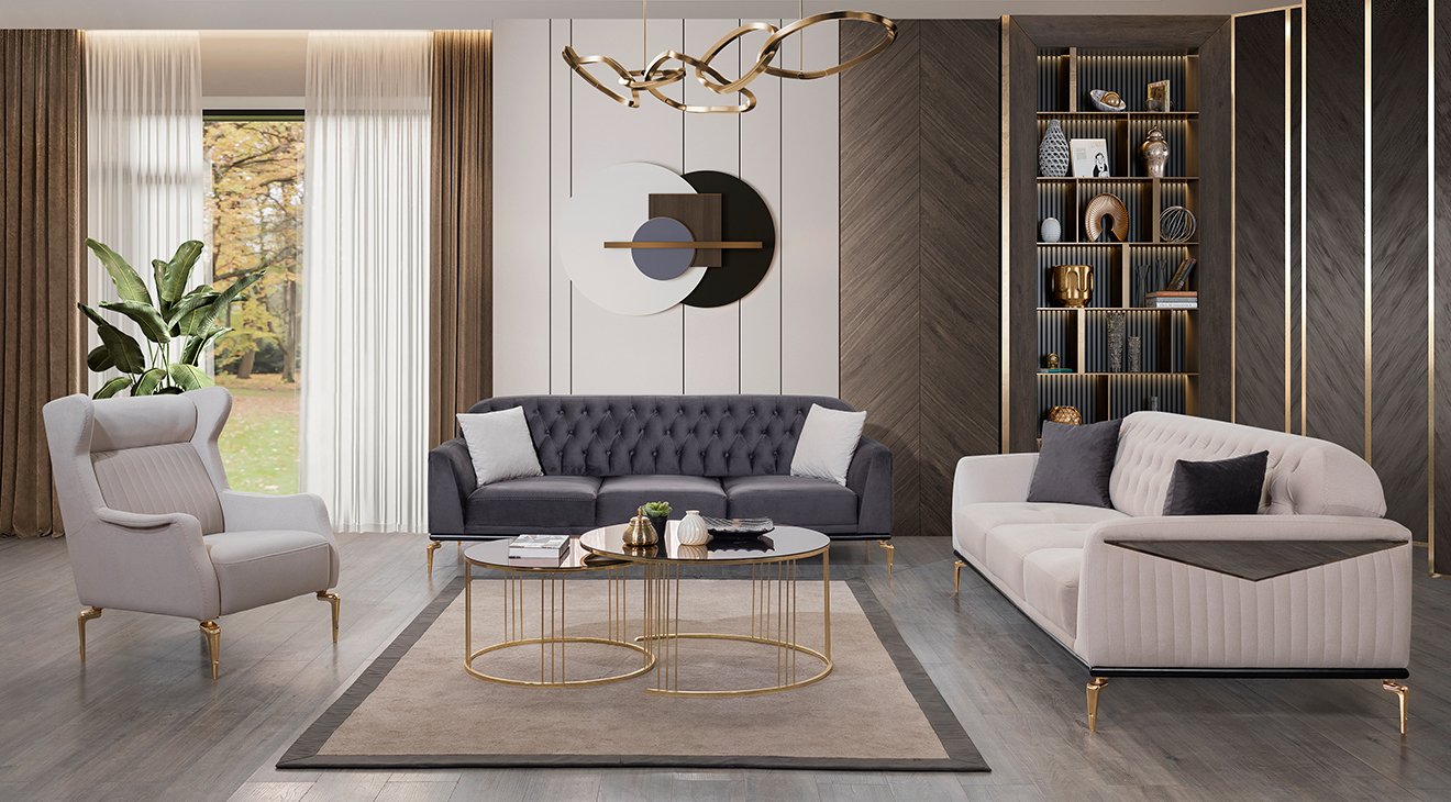 Premus Gold Metal Leg Sofa Set