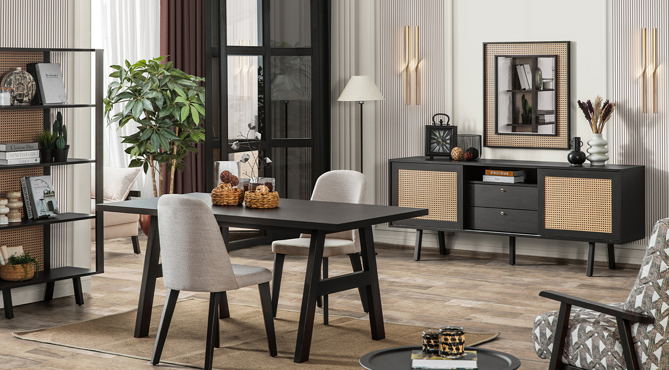 Rattan Dark Ahşap Ayaklı Yemek Odası Takımı