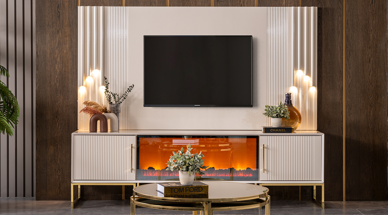 Rose Fireplace Gold Metal Leg TV Unit