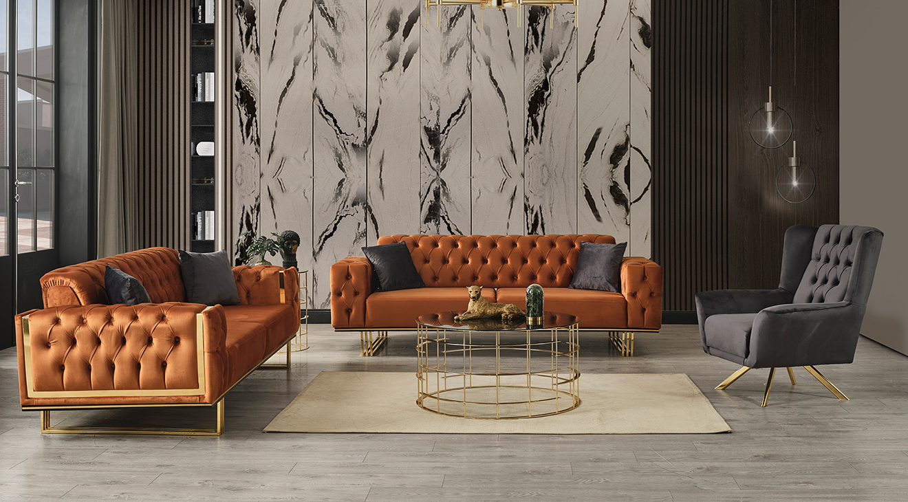 Rustik Gold Metal Leg Sofa Set