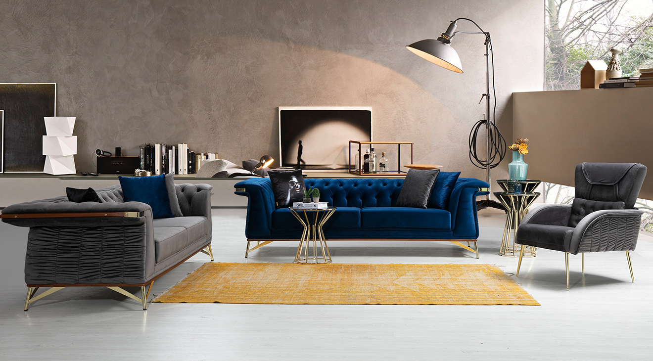 Salonz Blue Metal Leg Sofa Set