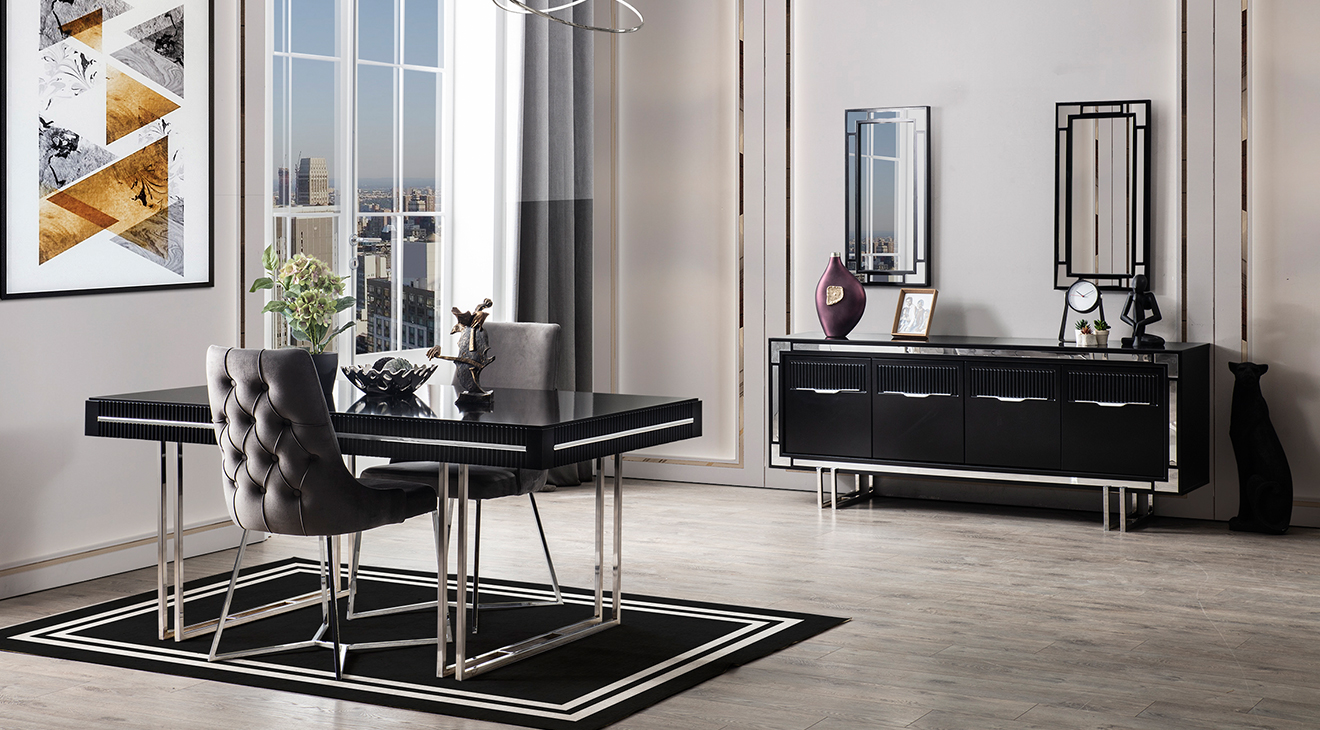 Sedef Metal Leg Dining Room Set (Black)