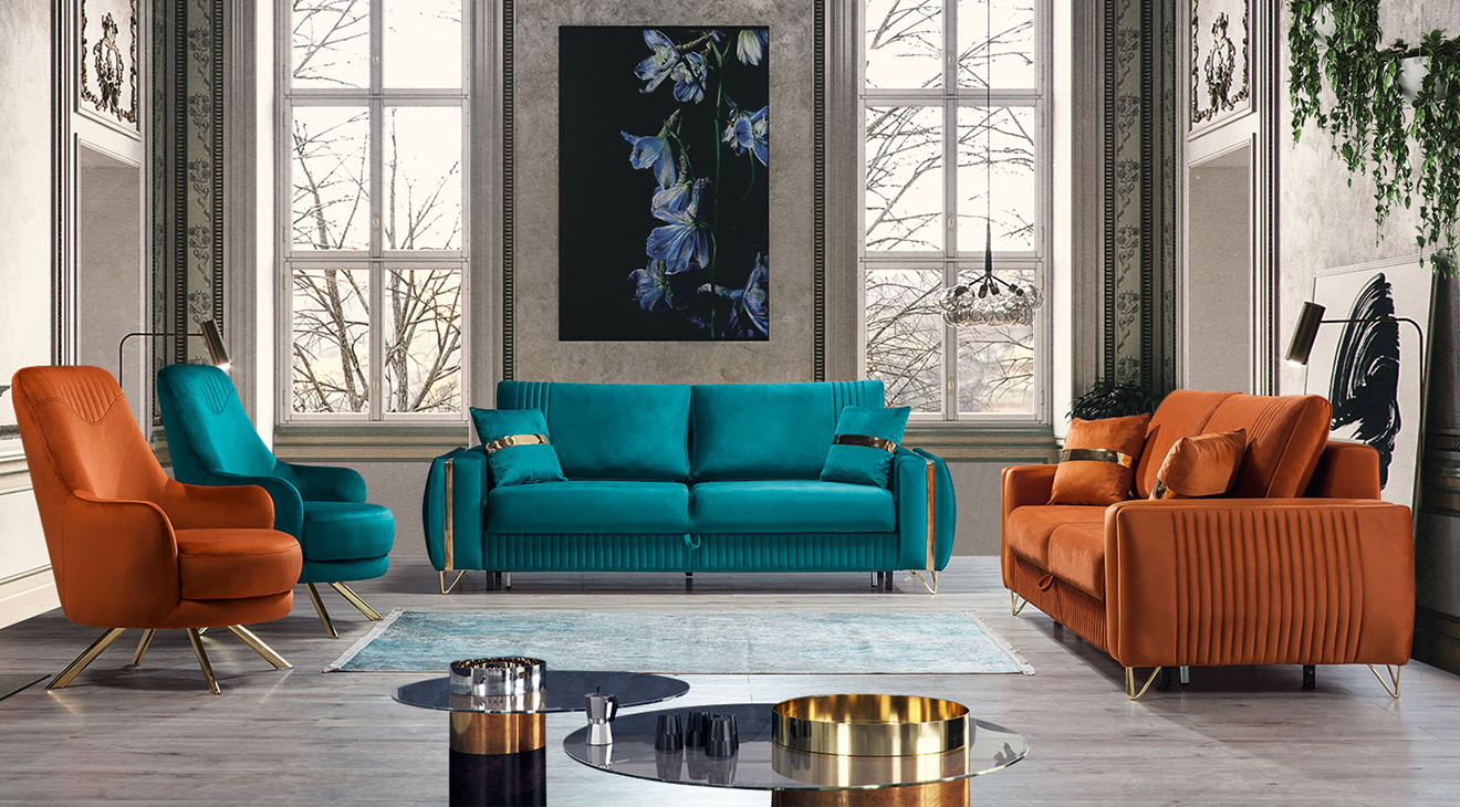 Sena Gold Metal Leg Sofa Set