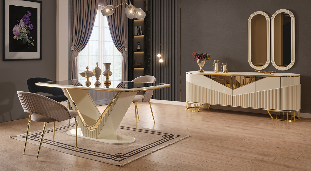 Serra Gold Metal Leg Dining Room Set (Moonstone)
