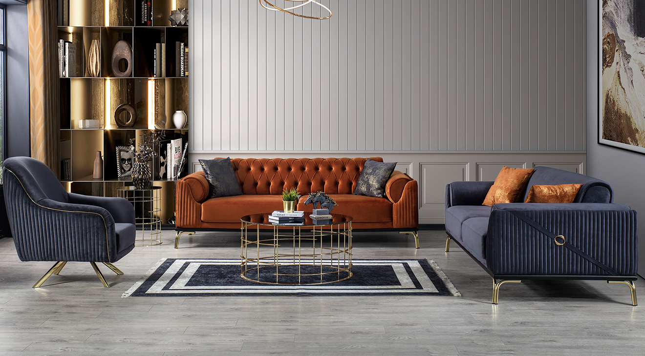Simay Gold Metal Leg Sofa Set