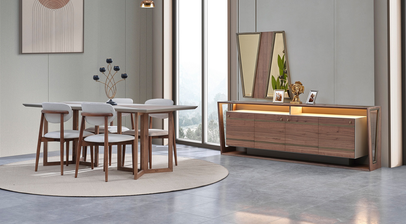 Tesla Walnut Wooden Legs Dining Room Set
