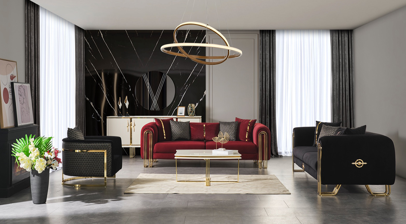 Tesla Gold Metal Leg Sofa Set