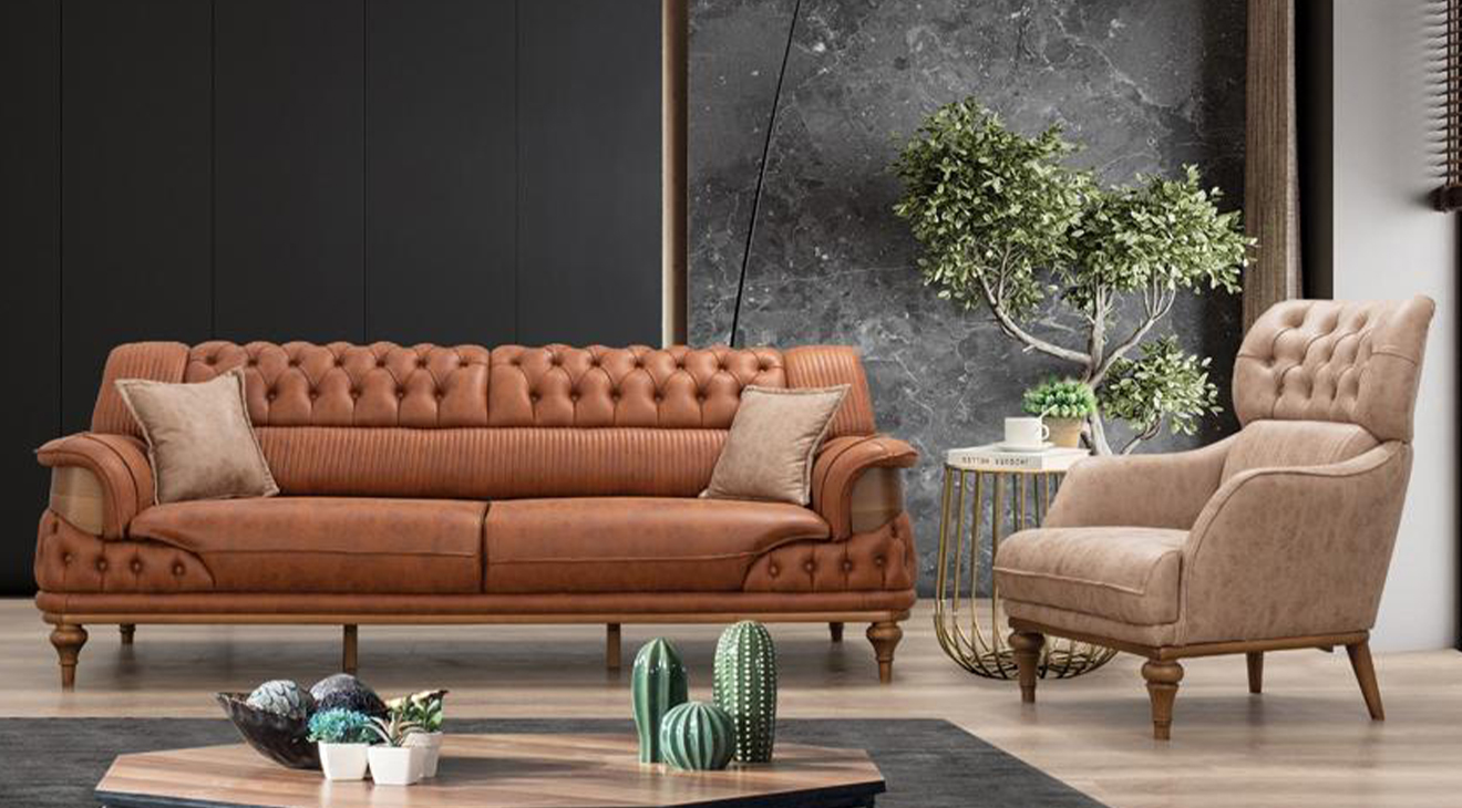 Tugra Wooden Legs Orange Sofa Set