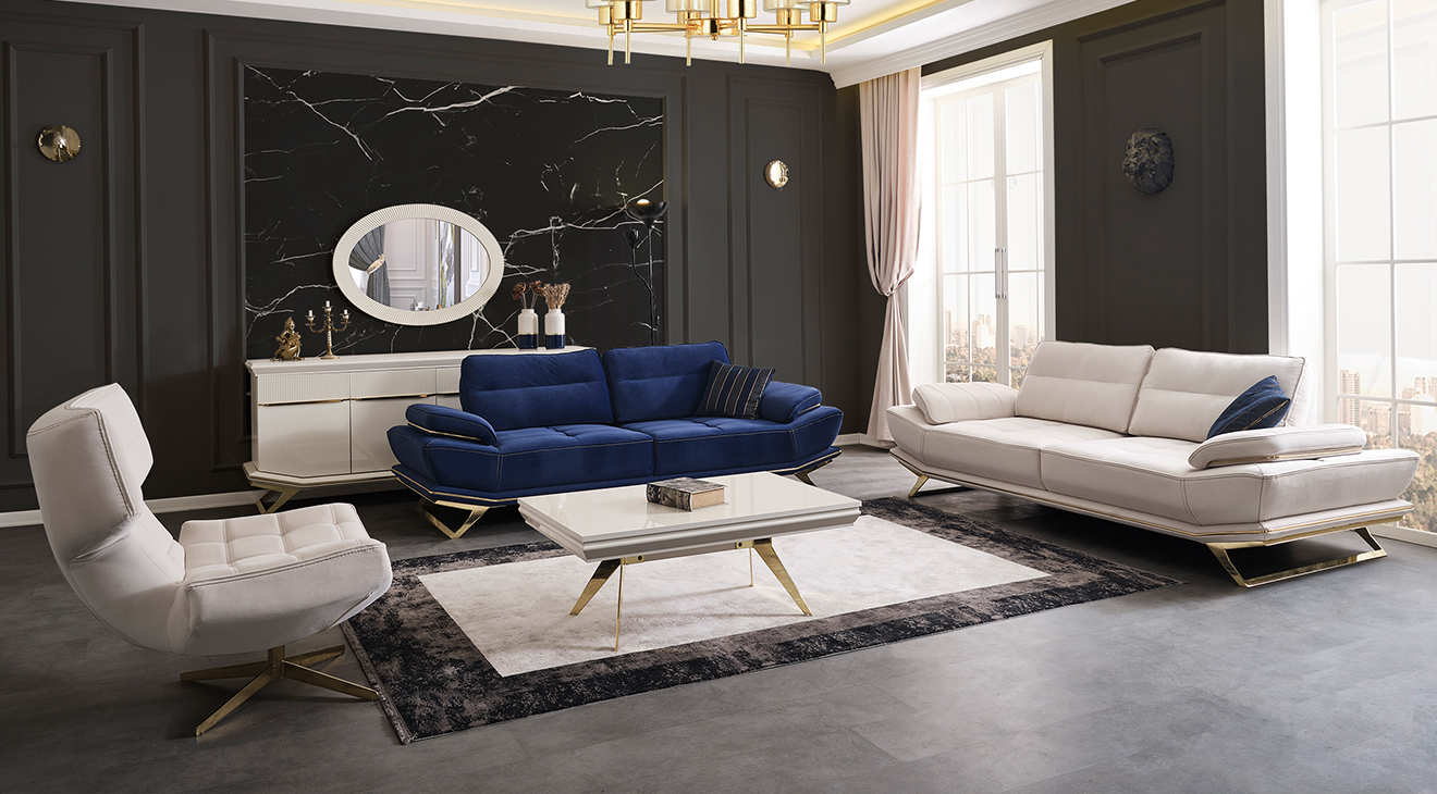 Wow Blue Metal Leg Sofa Set