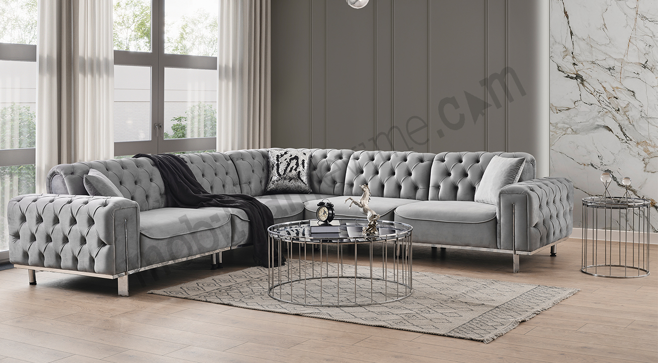 New Tema Silver Metal Leg Corner Sofa Set