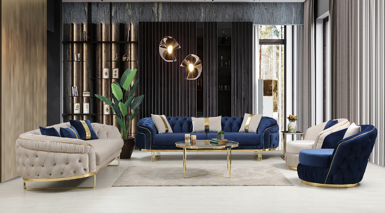 Yıldız Chester Gold Metal Leg Sofa Set