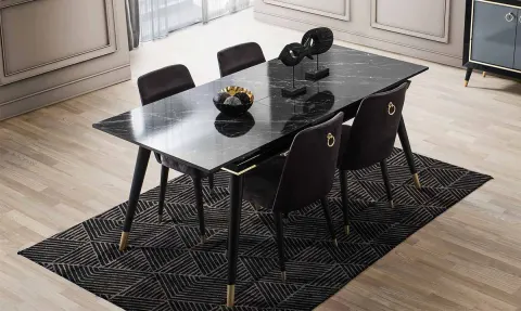 Asil Siyah Mermer Desenli Yemek Masası