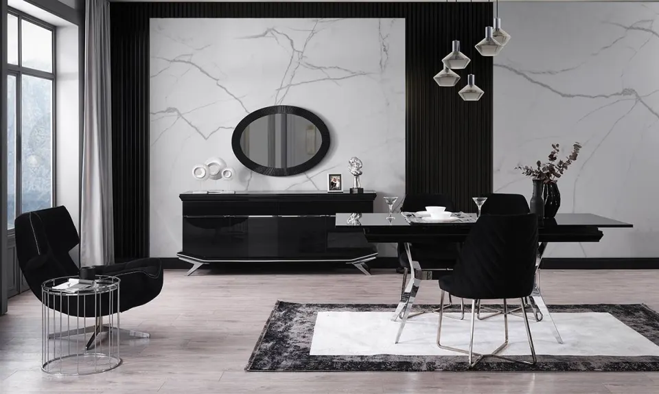 Masarati Gümüş Metal Ayaklı Yemek Odası Takımı
