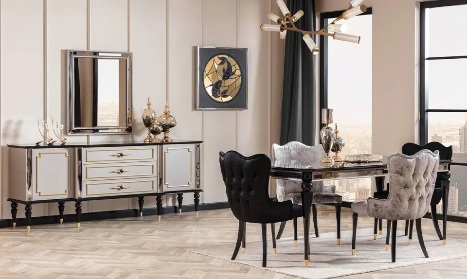 Retro Mermer Desenli Yemek Odası Takımı