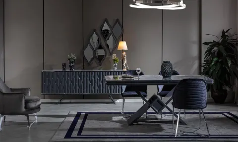 Yaprak Antrasit Metal Ayaklı Yemek Odası Takımı