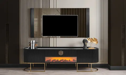 Gucci Şömineli Gold Metal Ayaklı Tv Ünitesi