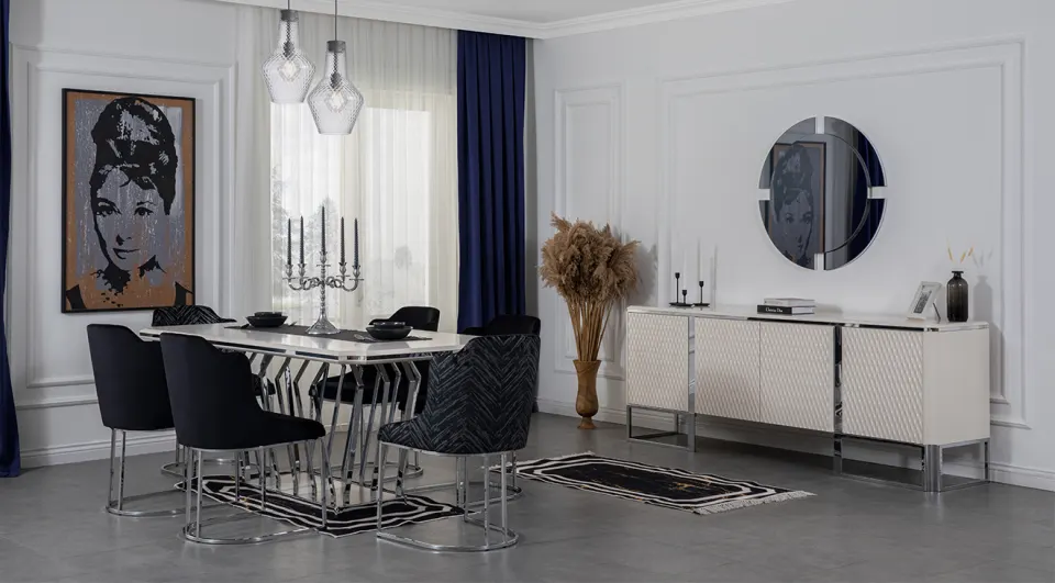 Luna Gümüş Metal Ayaklı Yemek Odası Takımı