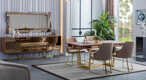Nest Gold Metal Ayaklı Yemek Odası Takımı(Ceviz)