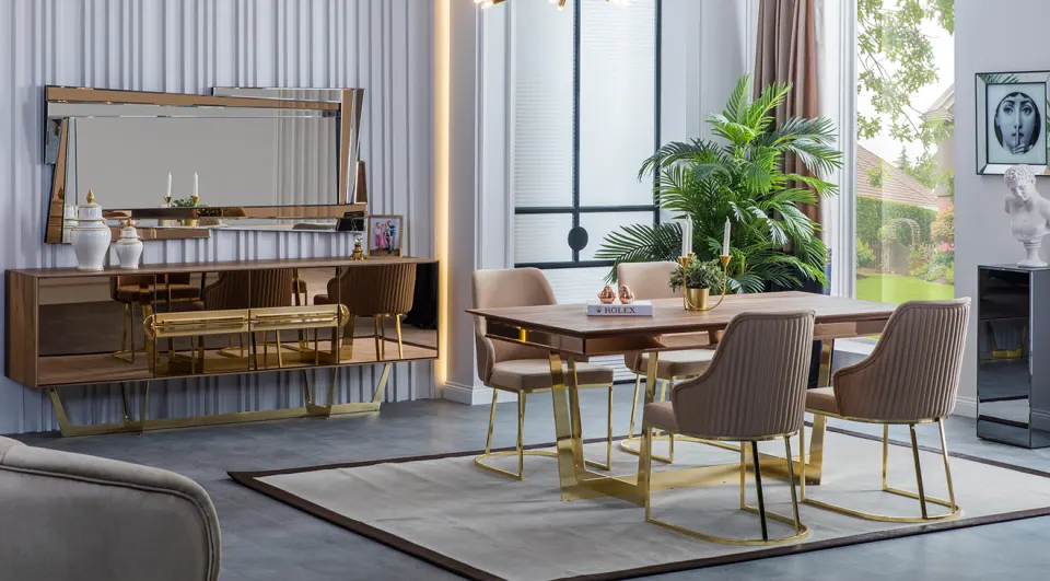 Nest Gold Metal Ayaklı Yemek Odası Takımı(Ceviz)
