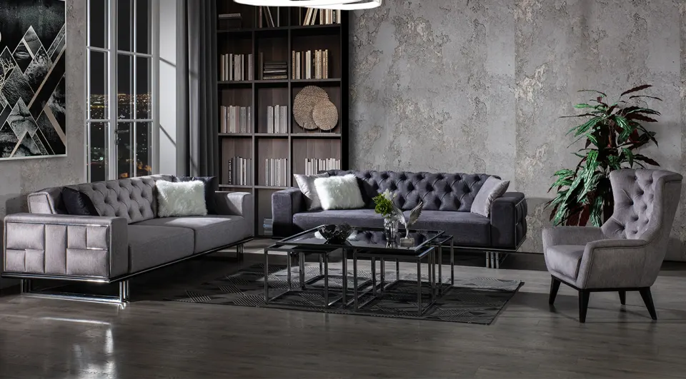 Plenty Yataklı Gümüş Metal Ayaklı Koltuk Takımı