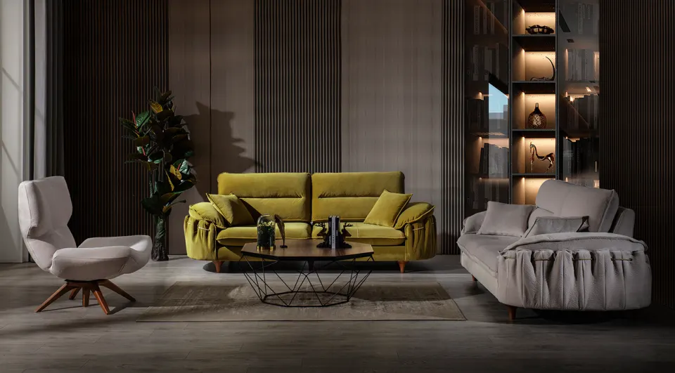 Rose Sarı Yataklı Ahşap Ayaklı Koltuk Takımı