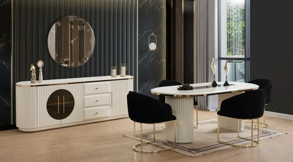Wood Parlak Krem Modern Yemek Odası Takımı