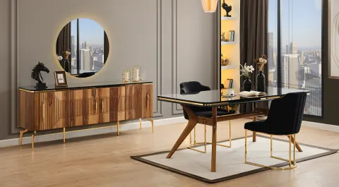 Zen Ceviz Gold Metal Ayaklı Yemek Odası Takımı
