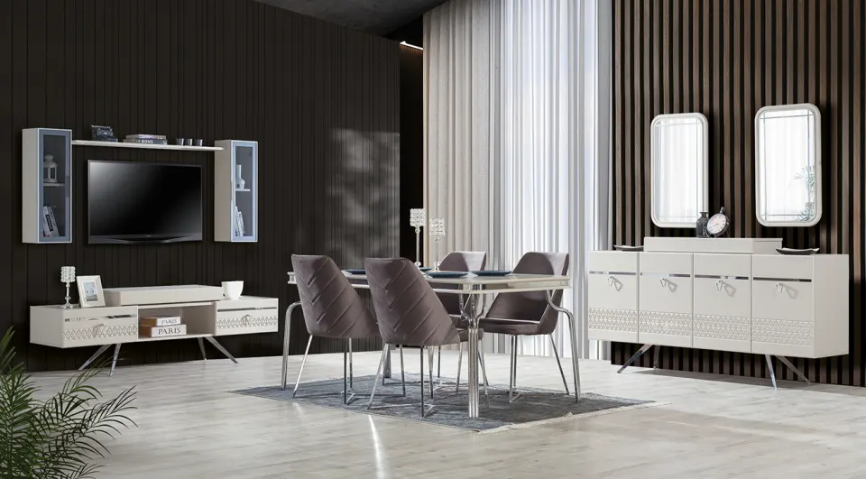Leon Gümüş Metal Ayaklı Yemek Odası Takımı