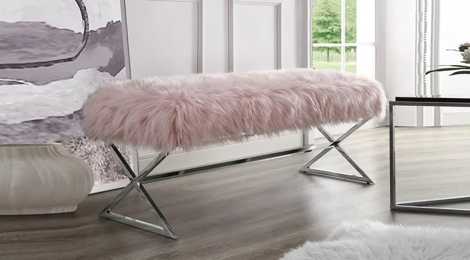 Luxury Gümüş Metal Ayaklı Peluş Bench (Pudra)