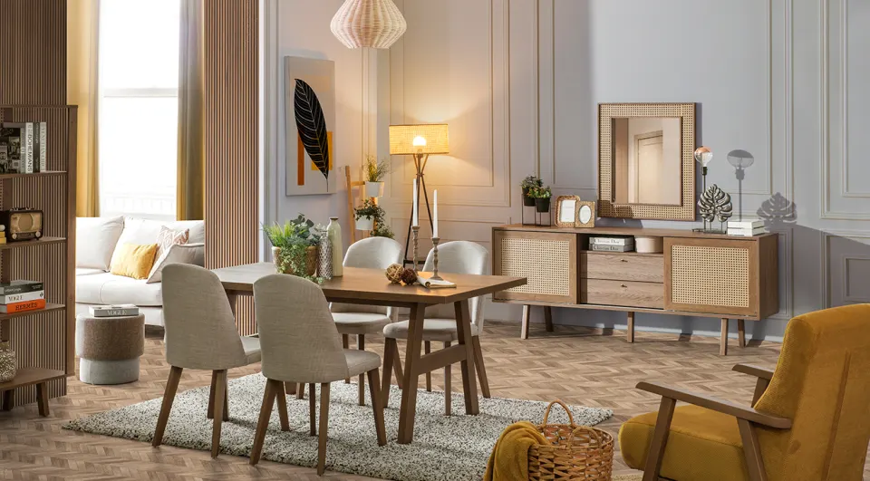 Rattan Ahşap Ayaklı Yemek Odası Takımı
