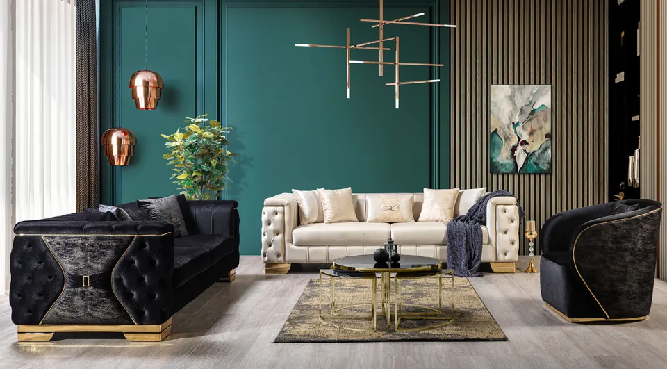 Royal Siyah Krem Luxury Gold Metal Ayaklı Koltuk Takımı