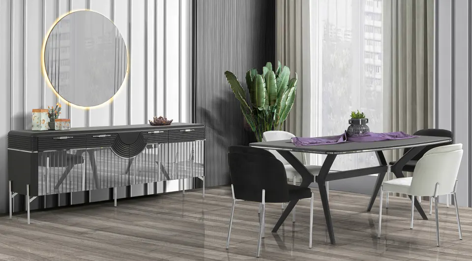 Loca Gümüş Metal Ayaklı Yemek Odası Takımı (Siyah)