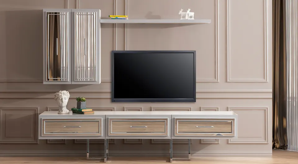 Prizma Gümüş Metal Ayaklı Tv Ünitesi