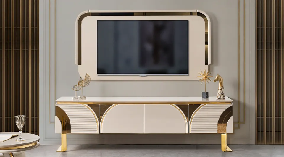 İmaj Panolu Gold Metal Ayaklı Tv Ünitesi