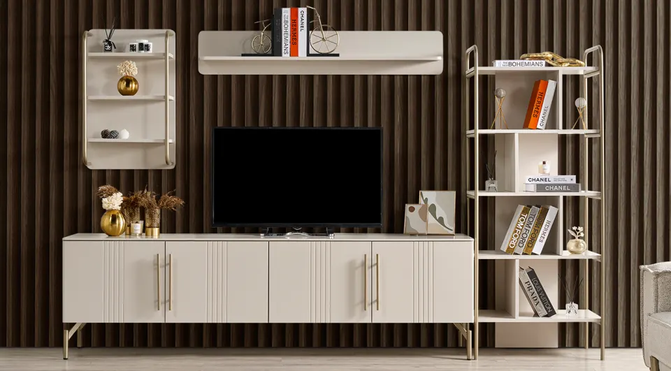 Eva Gold Metal Ayaklı Kitaplıklı Tv Ünitesi
