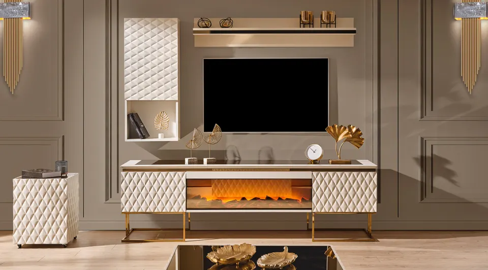 Metalica Ekru Gold Luxury Şömineli Tv Ünitesi