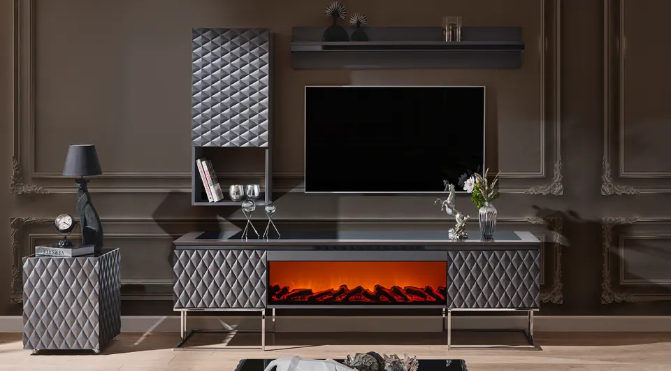 Metalica Gri Luxury Şömineli Tv Ünitesi
